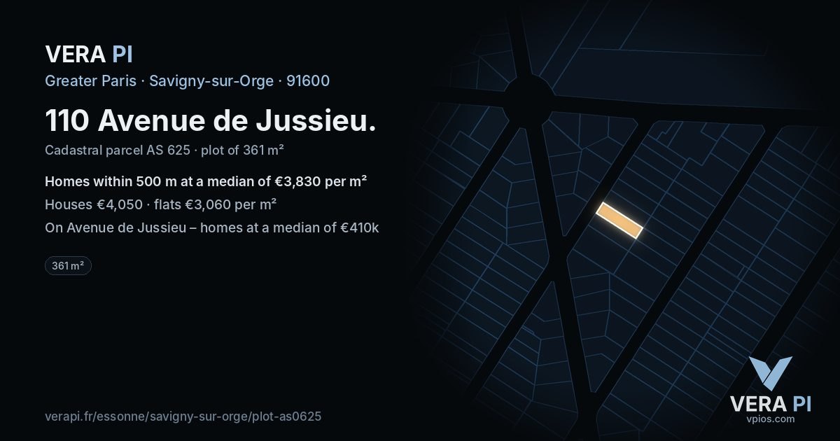 110 Avenue de Jussieu, Savigny-sur-Orge at night – the plot lit, the parcels around coloured by the prices near them