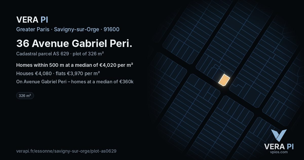 36 Avenue Gabriel Peri, Savigny-sur-Orge at night – the plot lit, the parcels around coloured by the prices near them