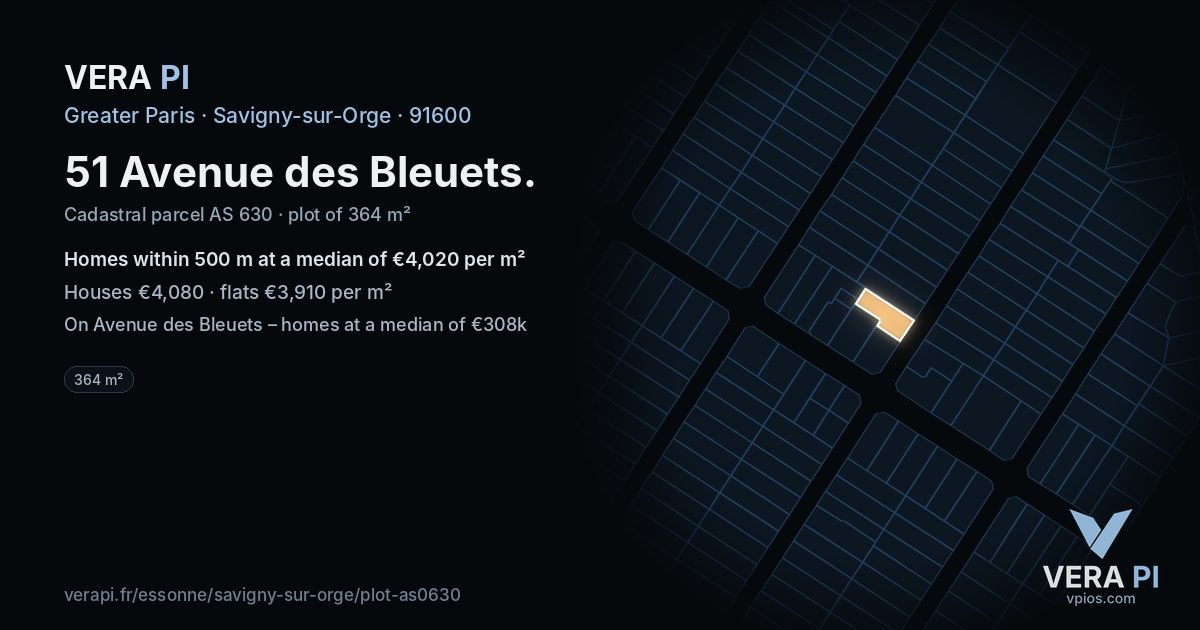 51 Avenue des Bleuets, Savigny-sur-Orge at night – the plot lit, the parcels around coloured by the prices near them