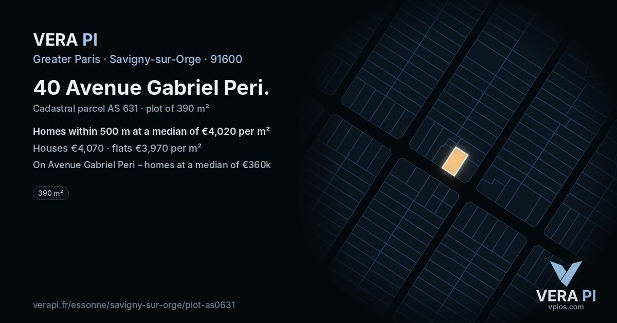 40 Avenue Gabriel Peri, Savigny-sur-Orge at night – the plot lit, the parcels around coloured by the prices near them