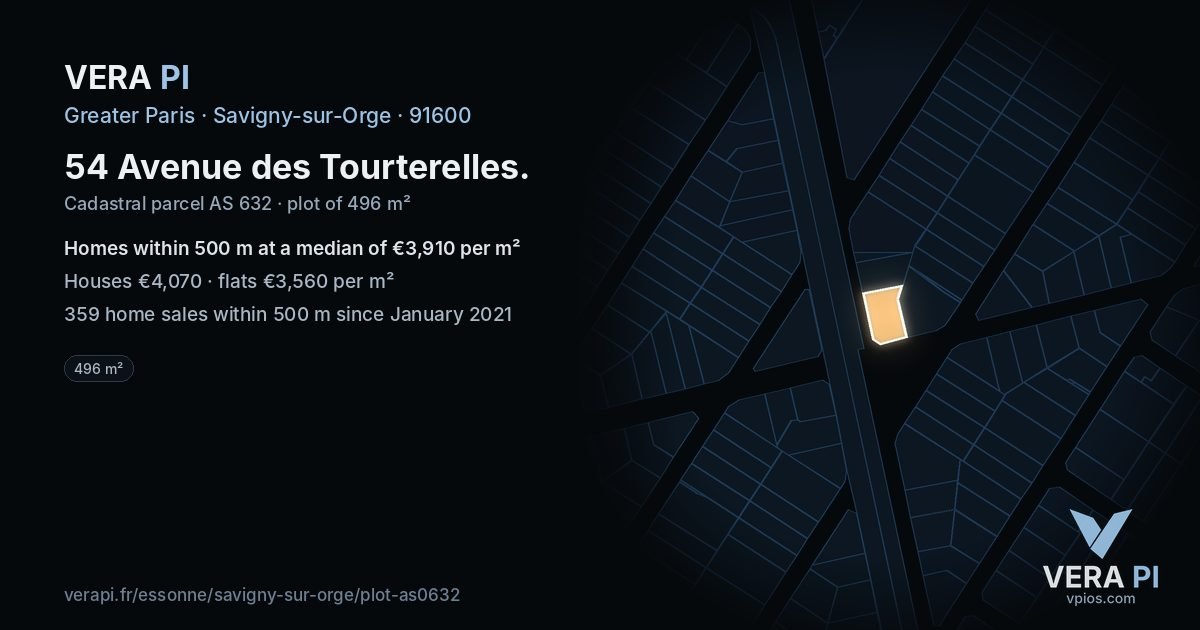 54 Avenue des Tourterelles, Savigny-sur-Orge at night – the plot lit, the parcels around coloured by the prices near them