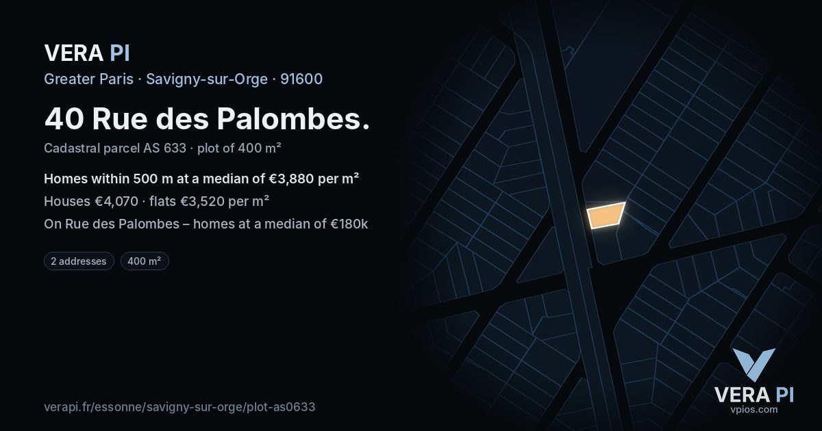 40 Rue des Palombes, Savigny-sur-Orge at night – the plot lit, the parcels around coloured by the prices near them