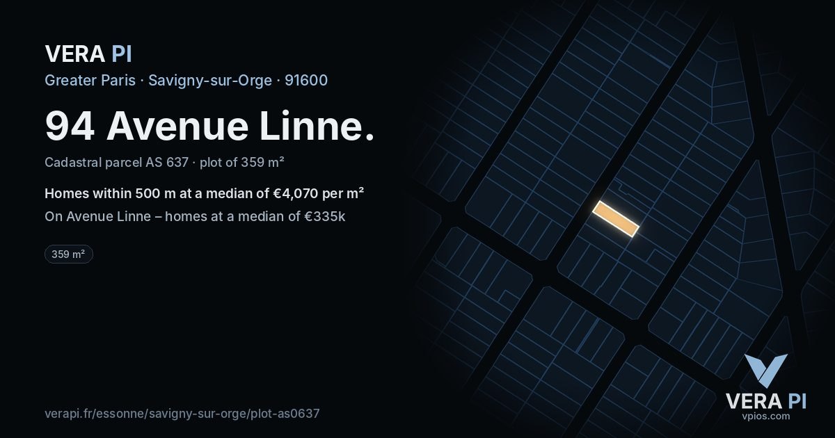 94 Avenue Linne, Savigny-sur-Orge at night – the plot lit, the parcels around coloured by the prices near them