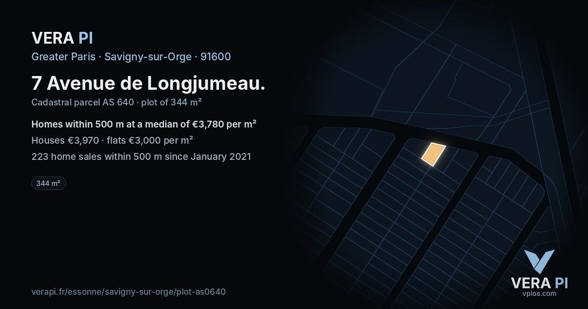 7 Avenue de Longjumeau, Savigny-sur-Orge at night – the plot lit, the parcels around coloured by the prices near them
