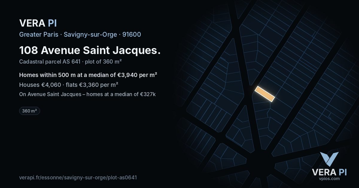 108 Avenue Saint Jacques, Savigny-sur-Orge at night – the plot lit, the parcels around coloured by the prices near them