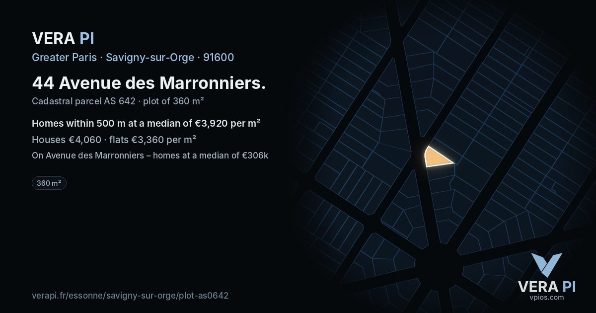 44 Avenue des Marronniers, Savigny-sur-Orge at night – the plot lit, the parcels around coloured by the prices near them