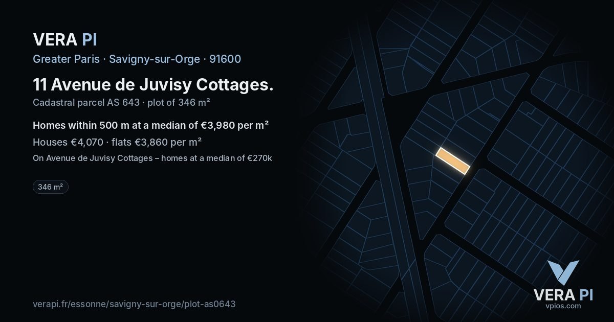 11 Avenue de Juvisy Cottages, Savigny-sur-Orge at night – the plot lit, the parcels around coloured by the prices near them