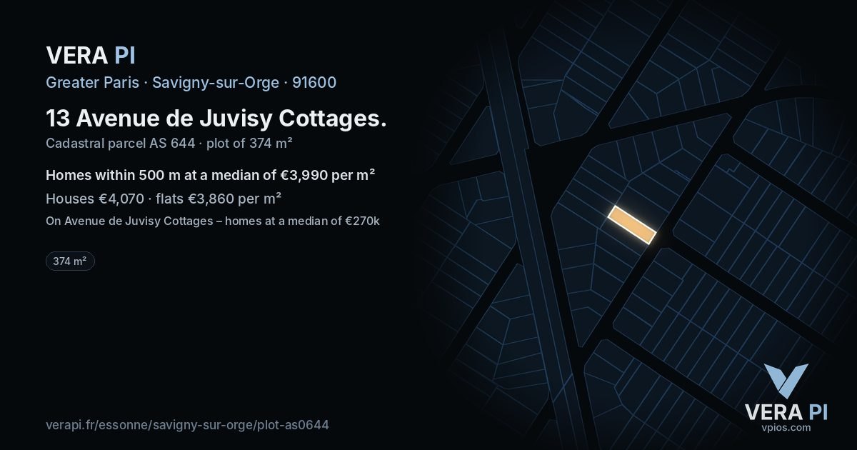 13 Avenue de Juvisy Cottages, Savigny-sur-Orge at night – the plot lit, the parcels around coloured by the prices near them