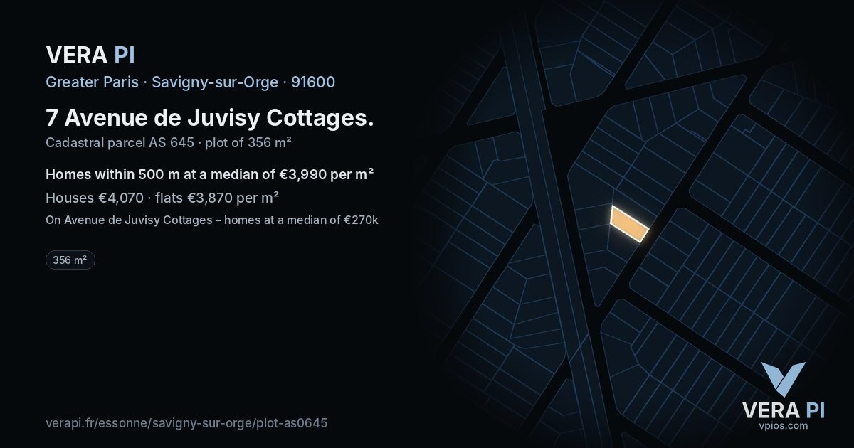 7 Avenue de Juvisy Cottages, Savigny-sur-Orge at night – the plot lit, the parcels around coloured by the prices near them