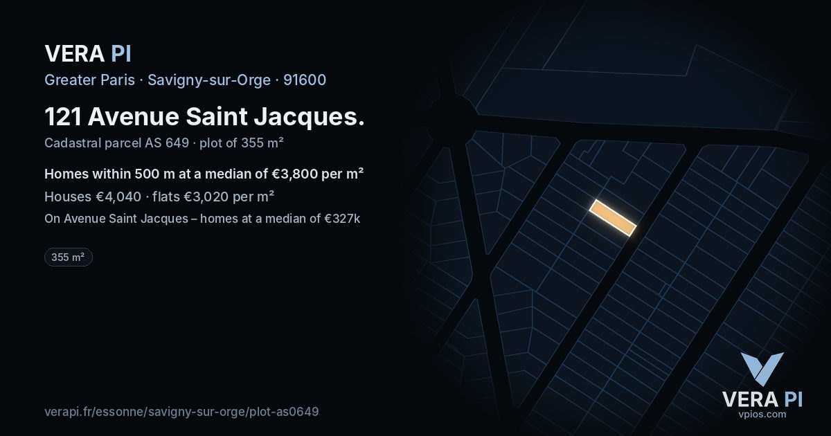 121 Avenue Saint Jacques, Savigny-sur-Orge at night – the plot lit, the parcels around coloured by the prices near them
