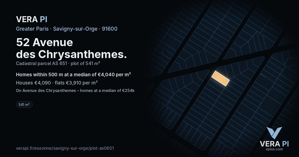 52 Avenue des Chrysanthemes, Savigny-sur-Orge at night – the plot lit, the parcels around coloured by the prices near them