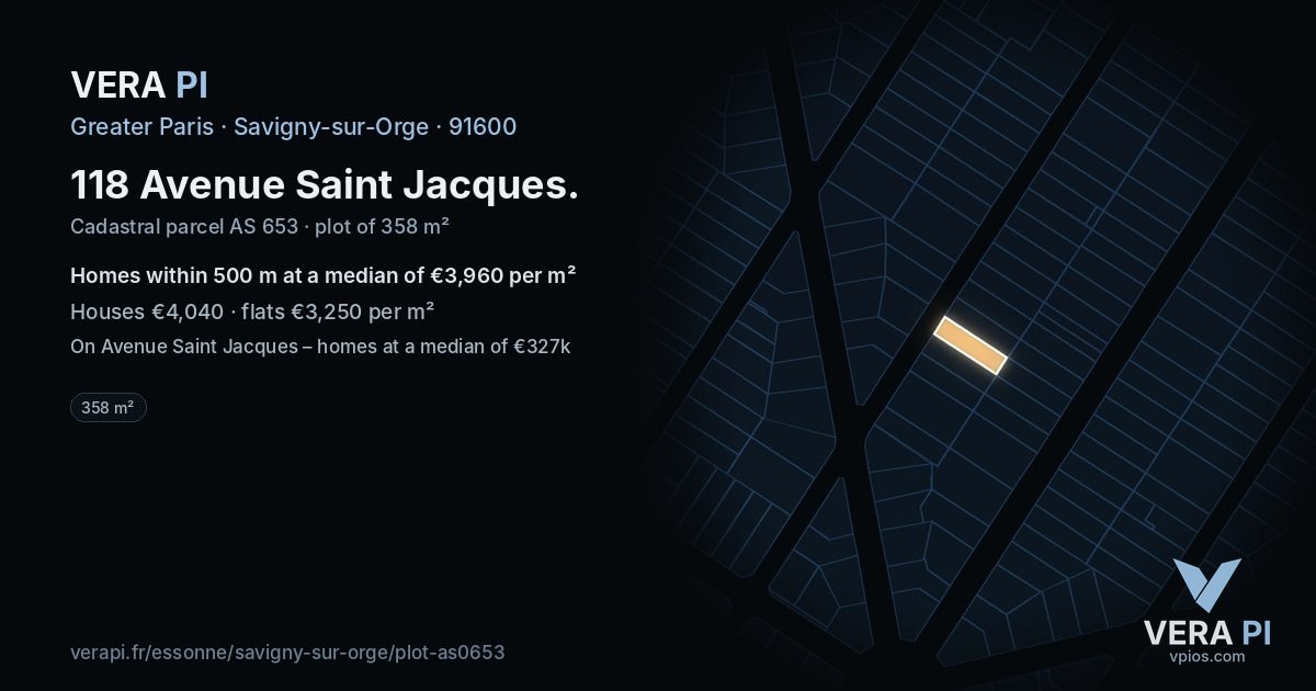 118 Avenue Saint Jacques, Savigny-sur-Orge at night – the plot lit, the parcels around coloured by the prices near them