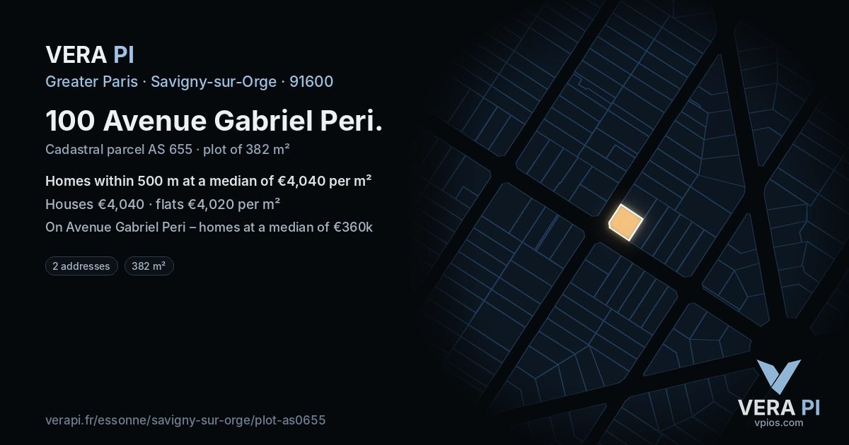 100 Avenue Gabriel Peri, Savigny-sur-Orge at night – the plot lit, the parcels around coloured by the prices near them