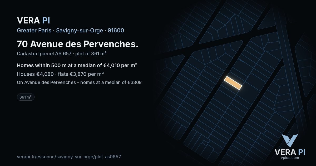 70 Avenue des Pervenches, Savigny-sur-Orge at night – the plot lit, the parcels around coloured by the prices near them