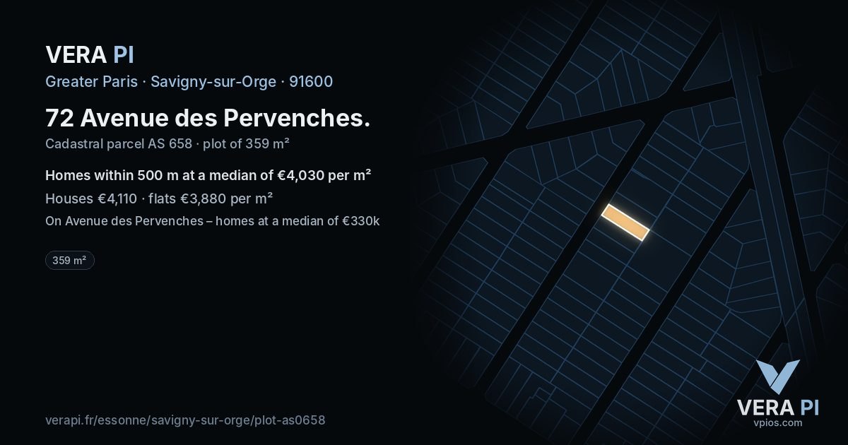 72 Avenue des Pervenches, Savigny-sur-Orge at night – the plot lit, the parcels around coloured by the prices near them