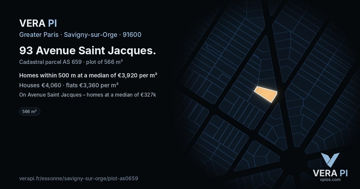 93 Avenue Saint Jacques, Savigny-sur-Orge at night – the plot lit, the parcels around coloured by the prices near them