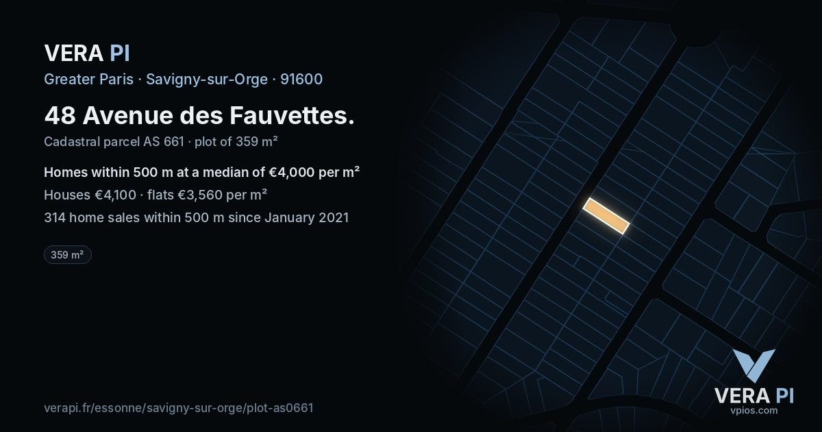 48 Avenue des Fauvettes, Savigny-sur-Orge at night – the plot lit, the parcels around coloured by the prices near them