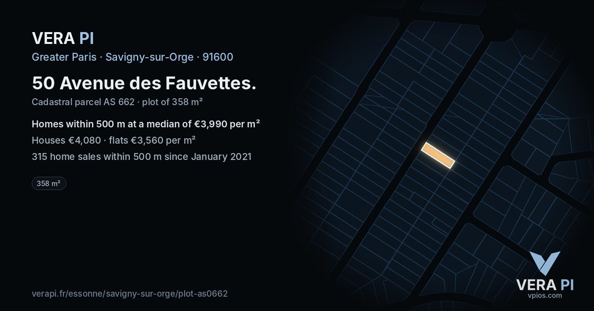 50 Avenue des Fauvettes, Savigny-sur-Orge at night – the plot lit, the parcels around coloured by the prices near them