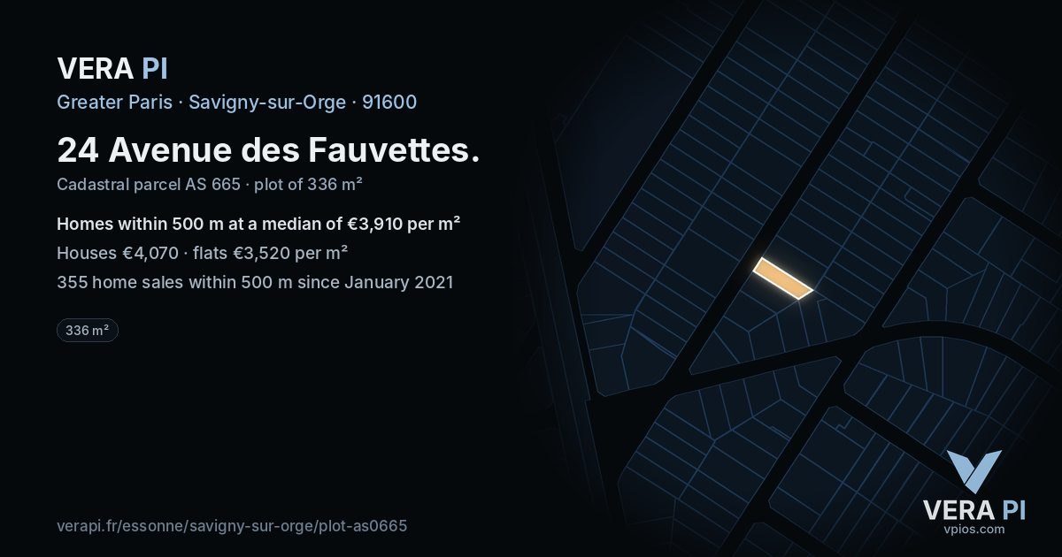 24 Avenue des Fauvettes, Savigny-sur-Orge at night – the plot lit, the parcels around coloured by the prices near them