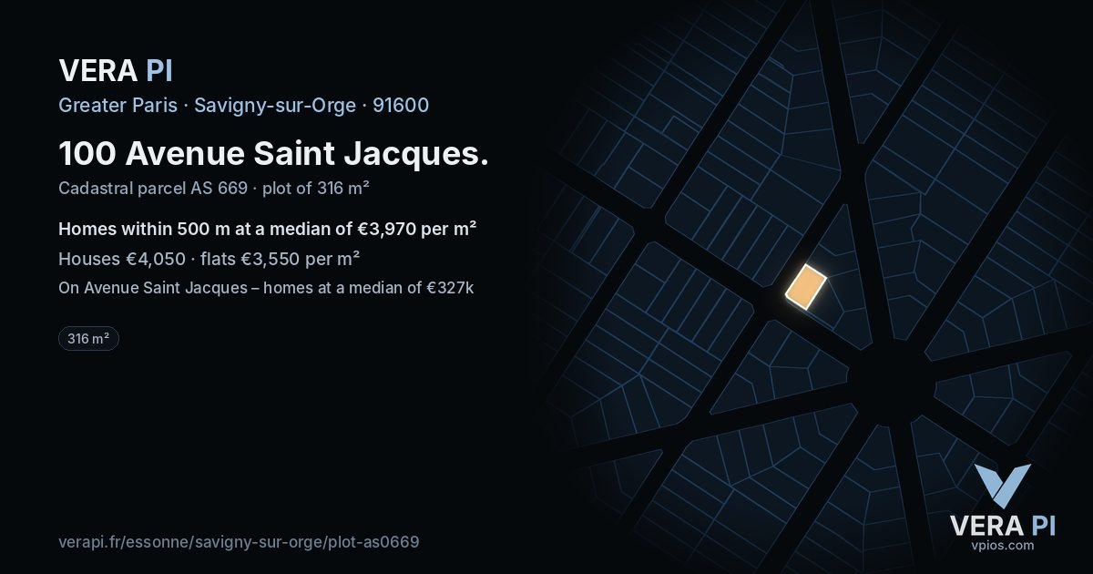 100 Avenue Saint Jacques, Savigny-sur-Orge at night – the plot lit, the parcels around coloured by the prices near them