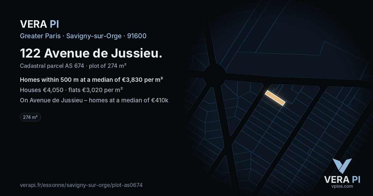 122 Avenue de Jussieu, Savigny-sur-Orge at night – the plot lit, the parcels around coloured by the prices near them