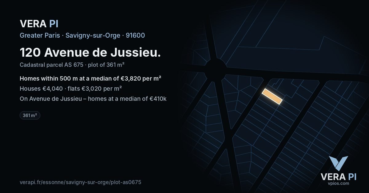 120 Avenue de Jussieu, Savigny-sur-Orge at night – the plot lit, the parcels around coloured by the prices near them