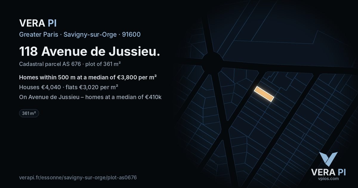 118 Avenue de Jussieu, Savigny-sur-Orge at night – the plot lit, the parcels around coloured by the prices near them