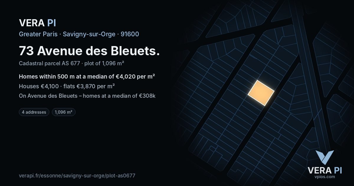 73 Avenue des Bleuets, Savigny-sur-Orge at night – the plot lit, the parcels around coloured by the prices near them