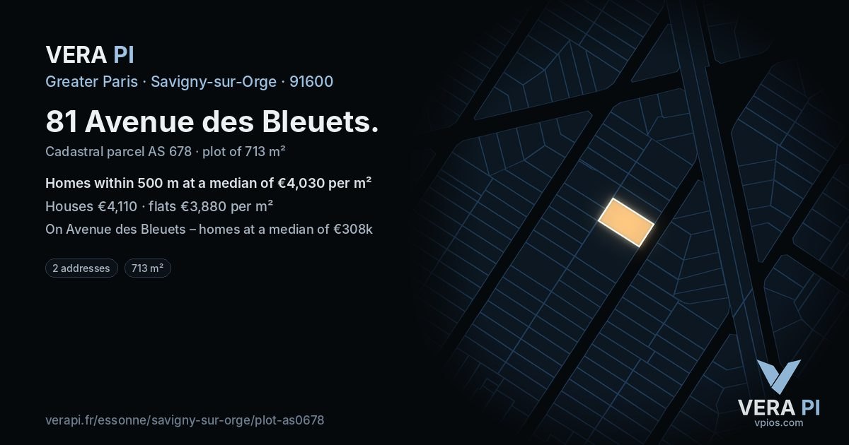 81 Avenue des Bleuets, Savigny-sur-Orge at night – the plot lit, the parcels around coloured by the prices near them