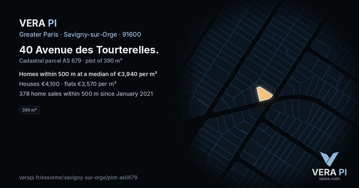 40 Avenue des Tourterelles, Savigny-sur-Orge at night – the plot lit, the parcels around coloured by the prices near them