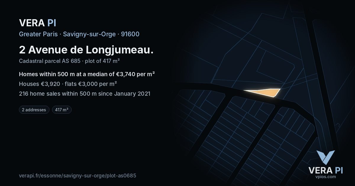 2 Avenue de Longjumeau, Savigny-sur-Orge at night – the plot lit, the parcels around coloured by the prices near them