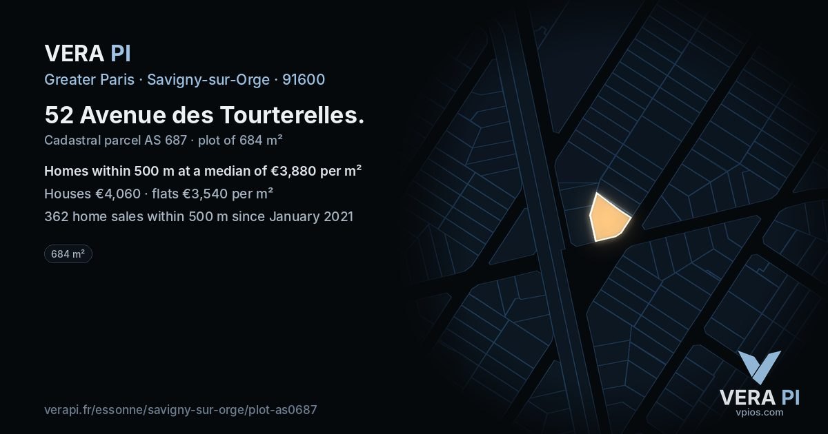 52 Avenue des Tourterelles, Savigny-sur-Orge at night – the plot lit, the parcels around coloured by the prices near them