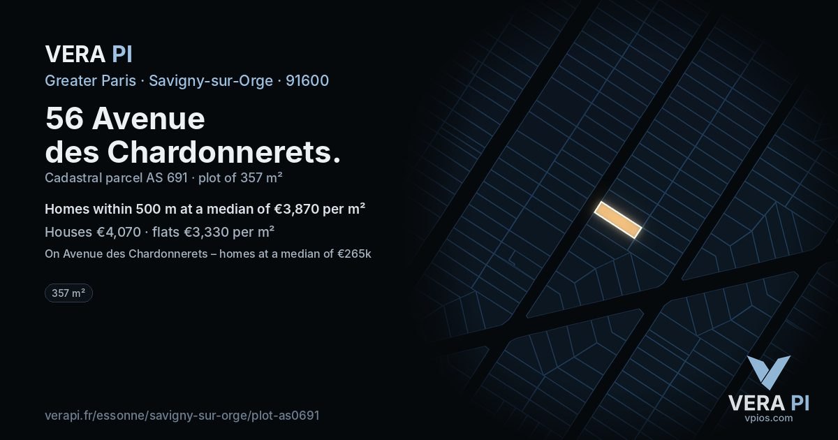 56 Avenue des Chardonnerets, Savigny-sur-Orge at night – the plot lit, the parcels around coloured by the prices near them