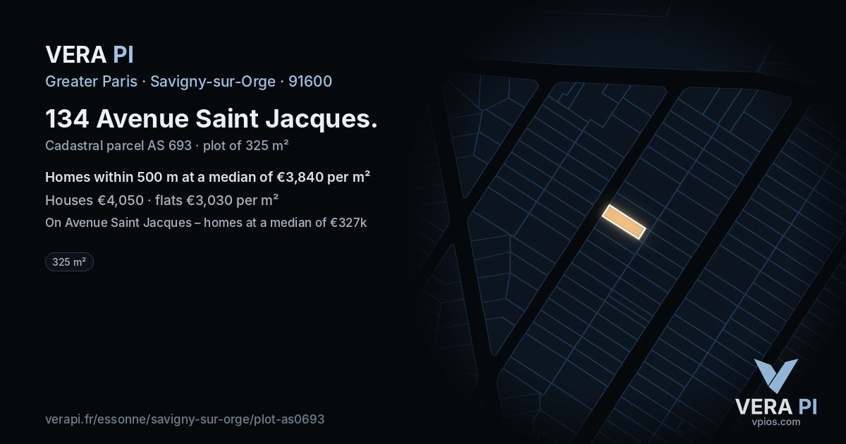 134 Avenue Saint Jacques, Savigny-sur-Orge at night – the plot lit, the parcels around coloured by the prices near them