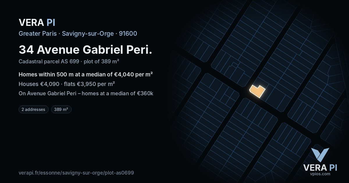 34 Avenue Gabriel Peri, Savigny-sur-Orge at night – the plot lit, the parcels around coloured by the prices near them
