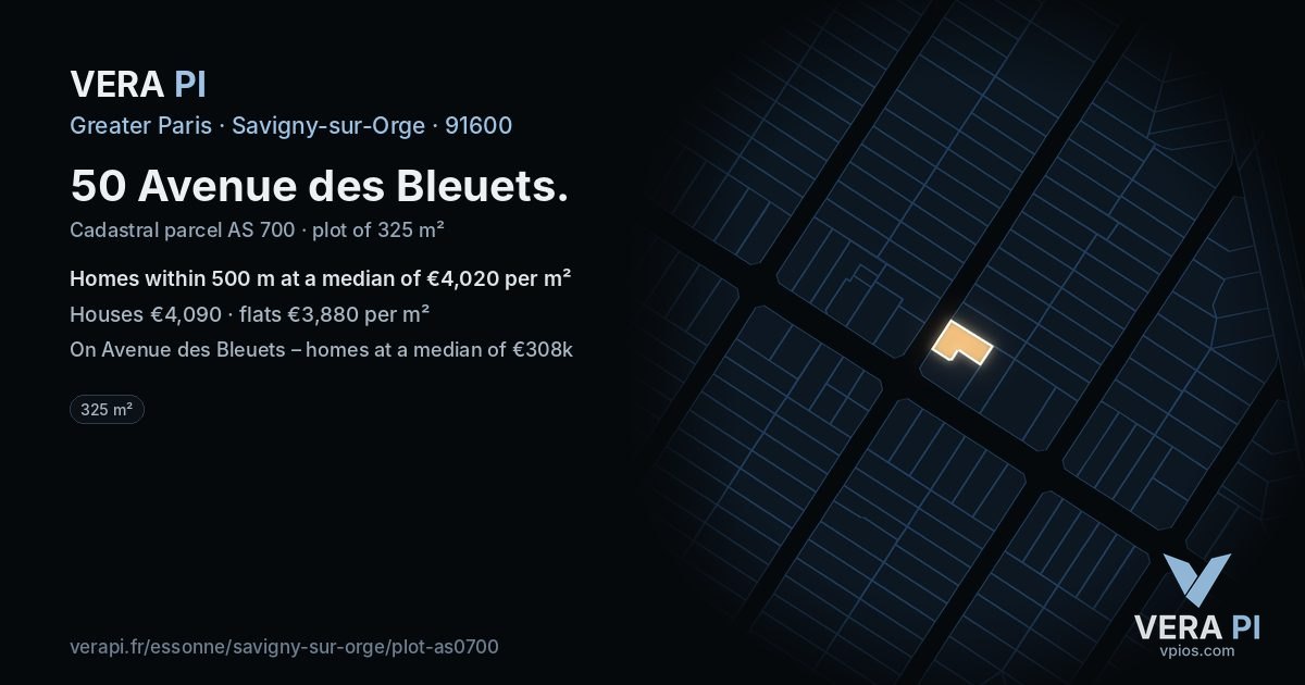 50 Avenue des Bleuets, Savigny-sur-Orge at night – the plot lit, the parcels around coloured by the prices near them