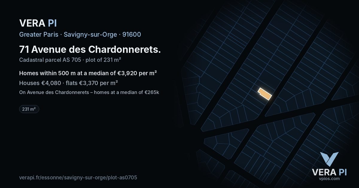 71 Avenue des Chardonnerets, Savigny-sur-Orge at night – the plot lit, the parcels around coloured by the prices near them
