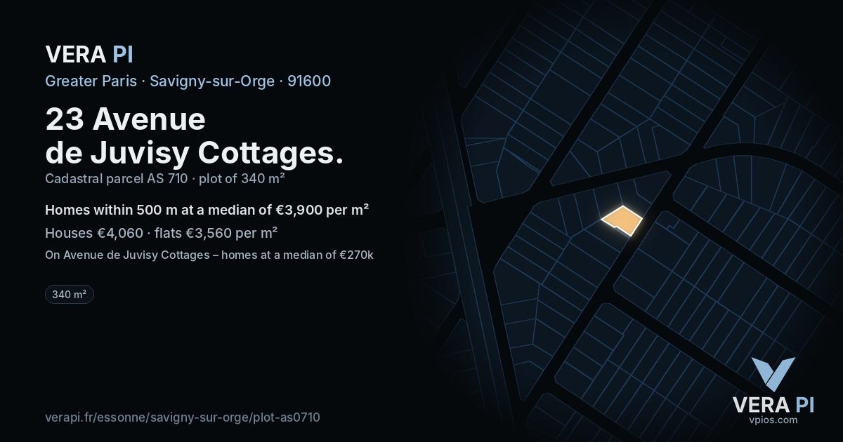 23 Avenue de Juvisy Cottages, Savigny-sur-Orge at night – the plot lit, the parcels around coloured by the prices near them