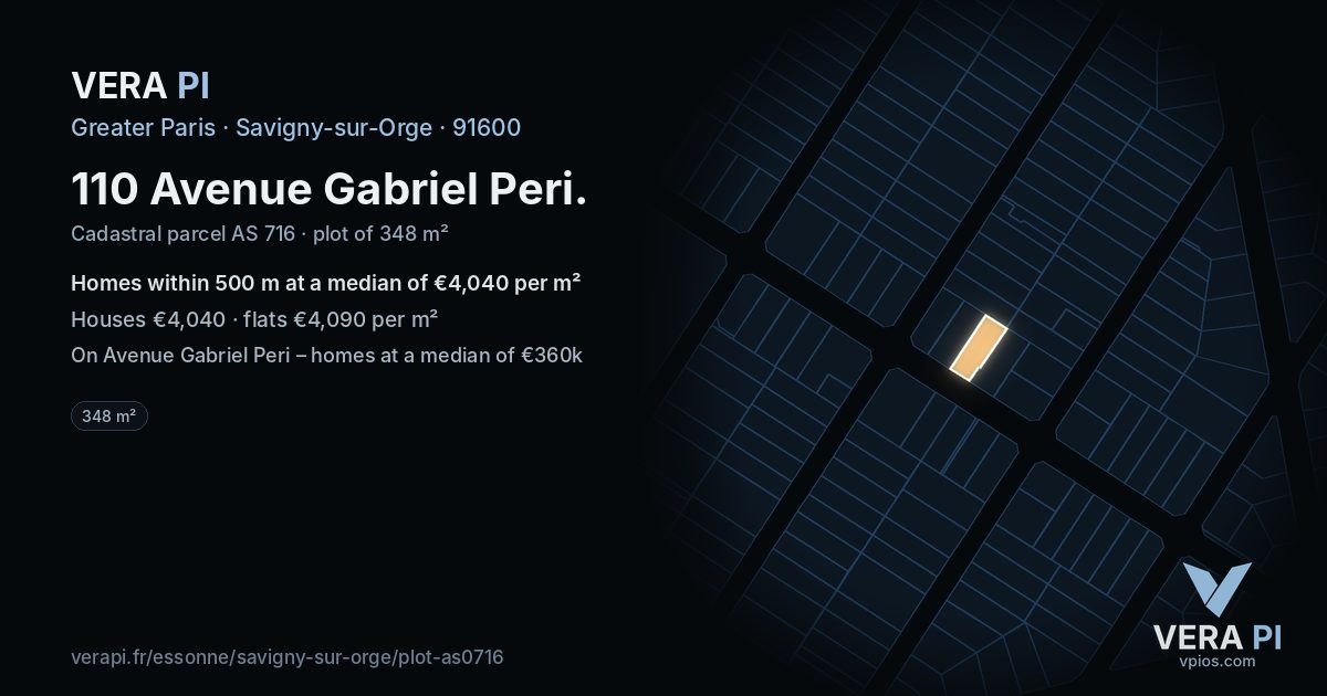 110 Avenue Gabriel Peri, Savigny-sur-Orge at night – the plot lit, the parcels around coloured by the prices near them