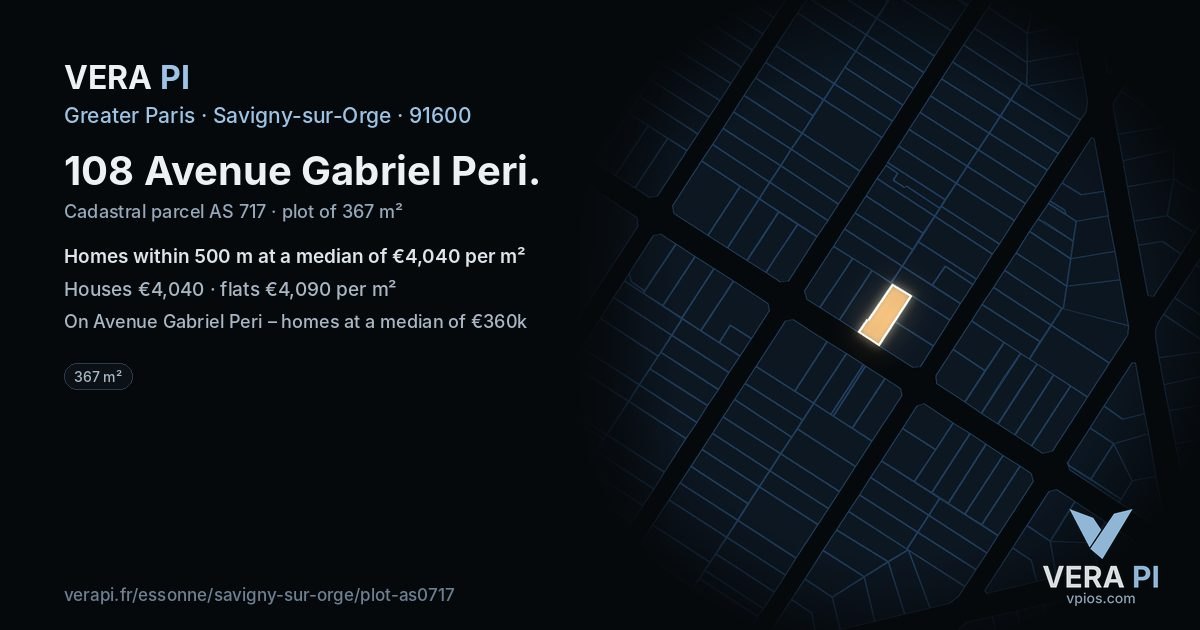 108 Avenue Gabriel Peri, Savigny-sur-Orge at night – the plot lit, the parcels around coloured by the prices near them