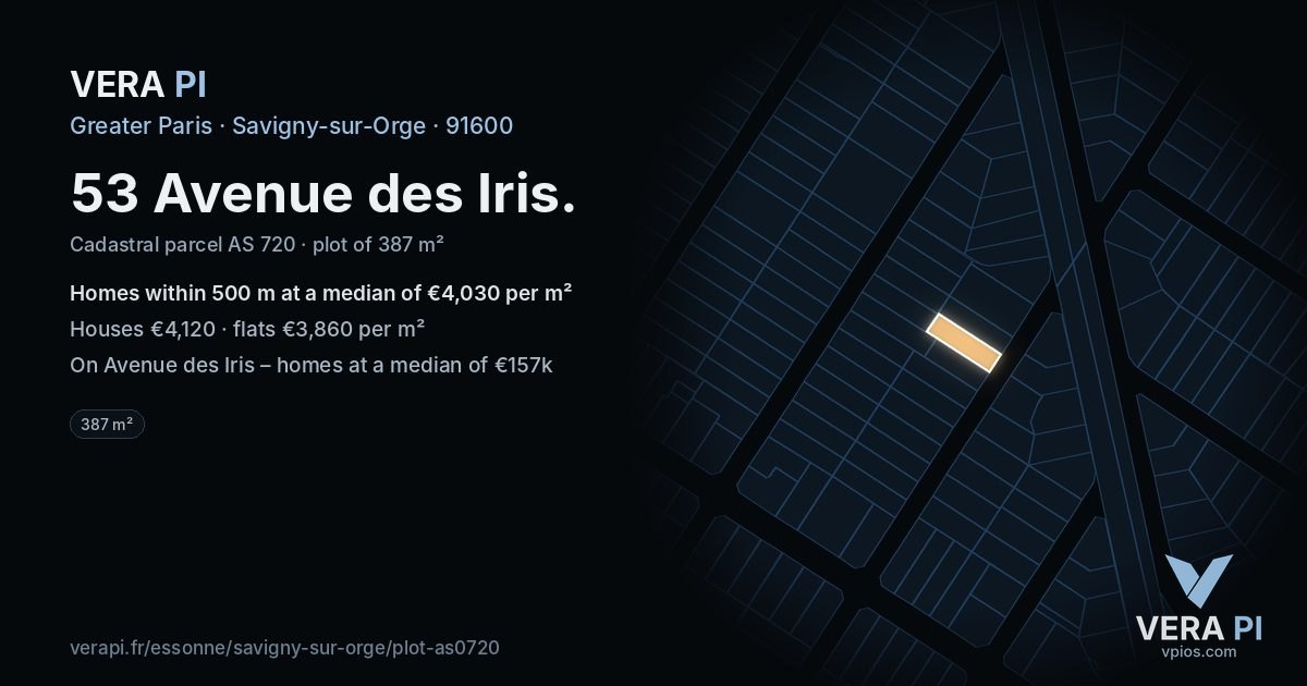 53 Avenue des Iris, Savigny-sur-Orge at night – the plot lit, the parcels around coloured by the prices near them