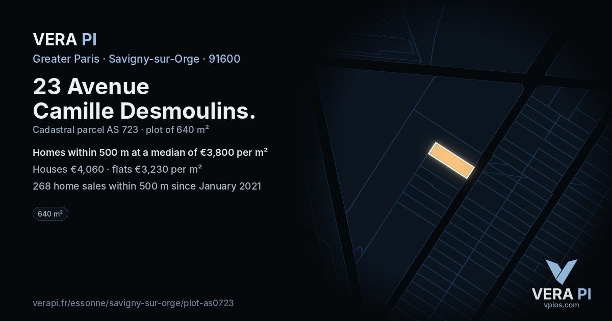 23 Avenue Camille Desmoulins, Savigny-sur-Orge at night – the plot lit, the parcels around coloured by the prices near them