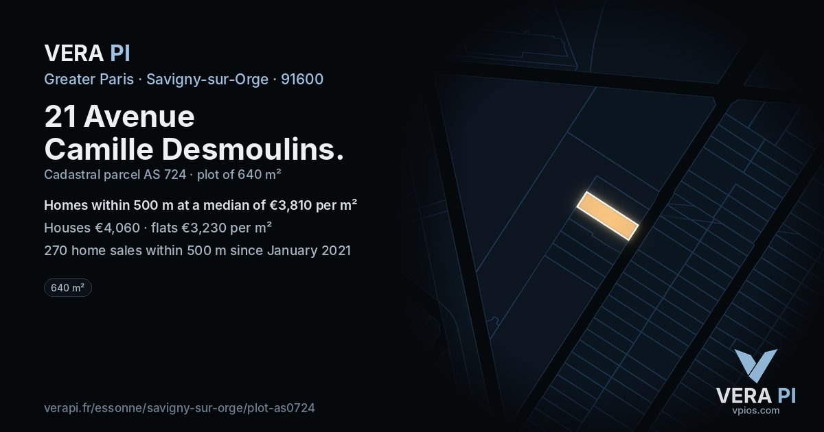 21 Avenue Camille Desmoulins, Savigny-sur-Orge at night – the plot lit, the parcels around coloured by the prices near them