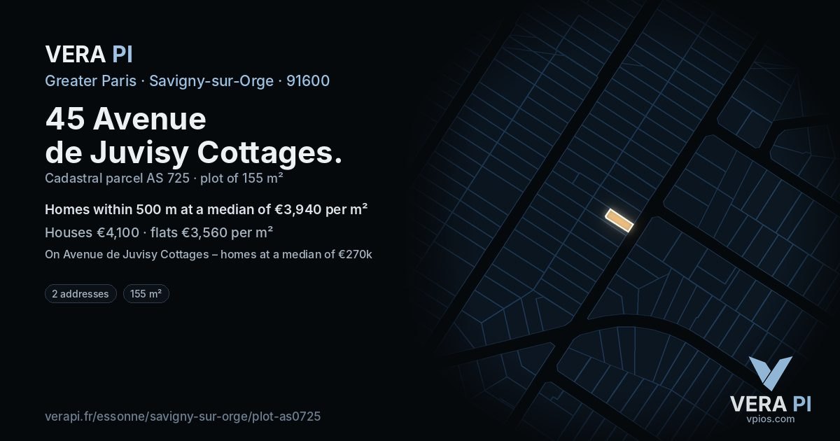 45 Avenue de Juvisy Cottages, Savigny-sur-Orge at night – the plot lit, the parcels around coloured by the prices near them