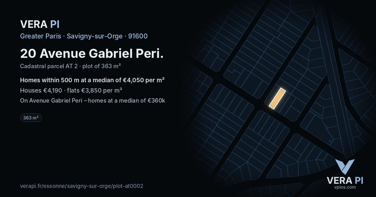 20 Avenue Gabriel Peri, Savigny-sur-Orge at night – the plot lit, the parcels around coloured by the prices near them
