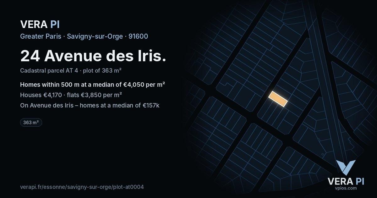 24 Avenue des Iris, Savigny-sur-Orge at night – the plot lit, the parcels around coloured by the prices near them