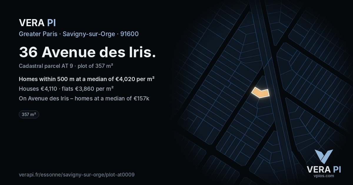 36 Avenue des Iris, Savigny-sur-Orge at night – the plot lit, the parcels around coloured by the prices near them