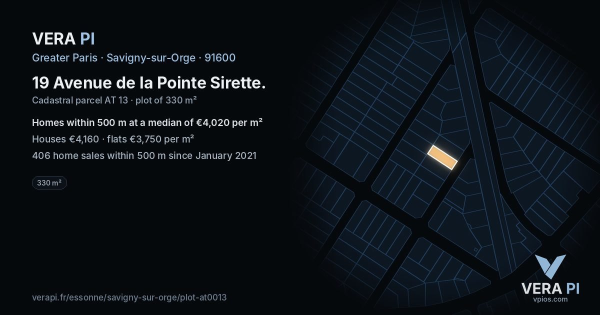19 Avenue de la Pointe Sirette, Savigny-sur-Orge at night – the plot lit, the parcels around coloured by the prices near them