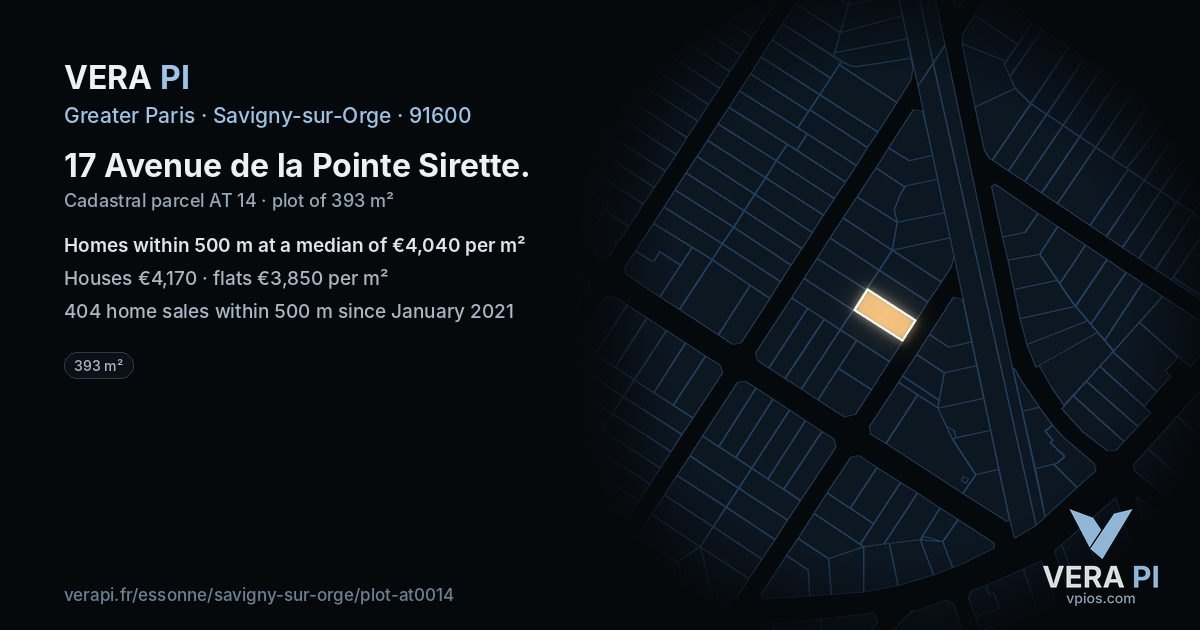 17 Avenue de la Pointe Sirette, Savigny-sur-Orge at night – the plot lit, the parcels around coloured by the prices near them