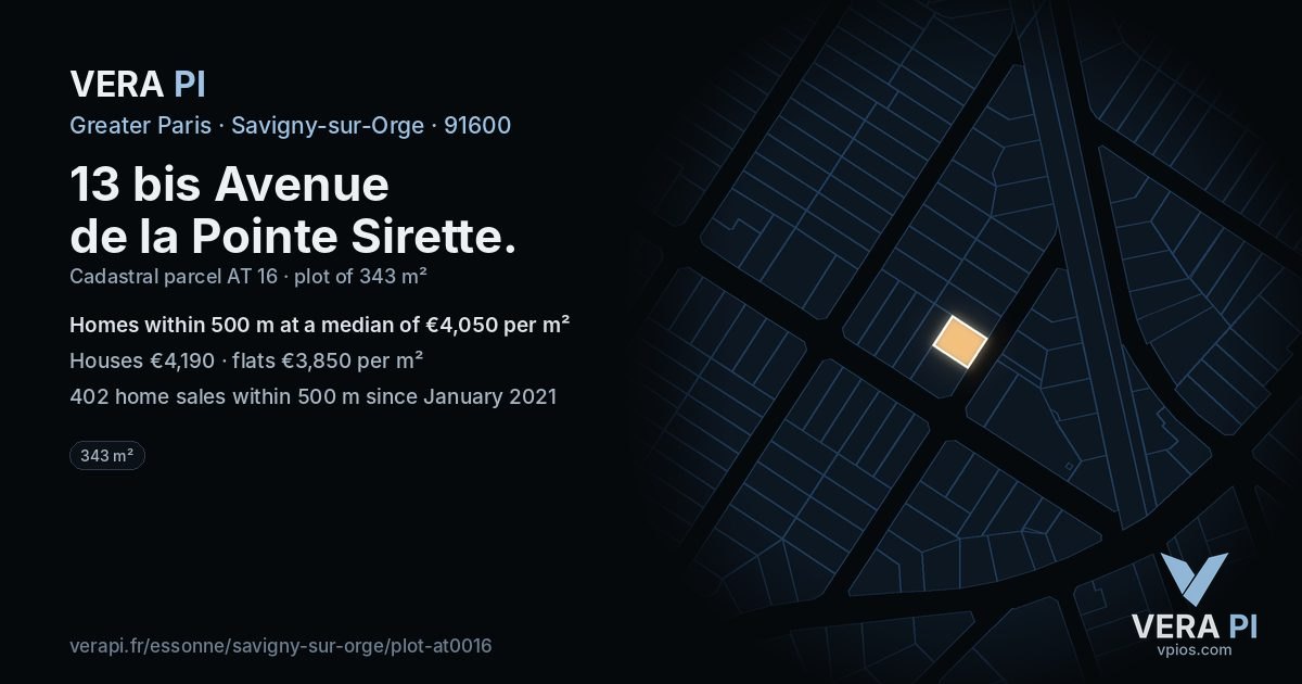 13 bis Avenue de la Pointe Sirette, Savigny-sur-Orge at night – the plot lit, the parcels around coloured by the prices near them